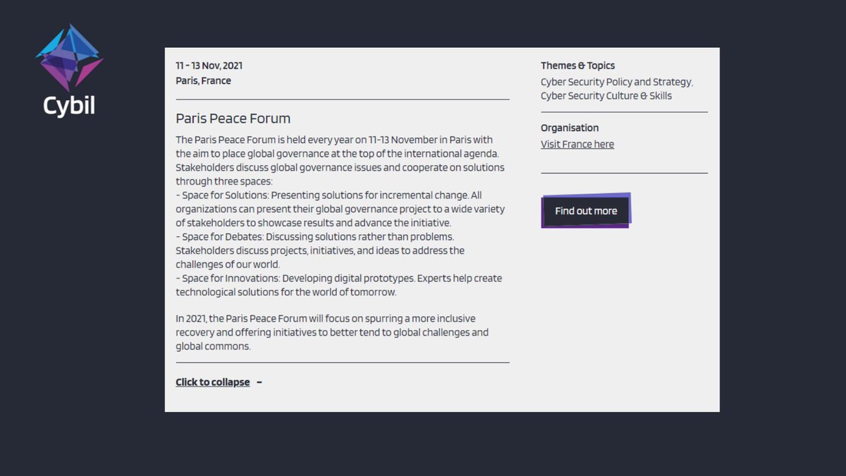 CybilPortal's tweet photo. Event Alert🔔 The #ParisPeaceForum, on 11 - 13 Nov, 2021, features #cybercapacitybuilding on the agenda! This year, the focus is on offering initiatives to better tend to global challenges &amp; global commons.  

For more information, &amp; more events visit https://t.co/unpHCrgW8u https://t.co/Q7I9y2aDB3