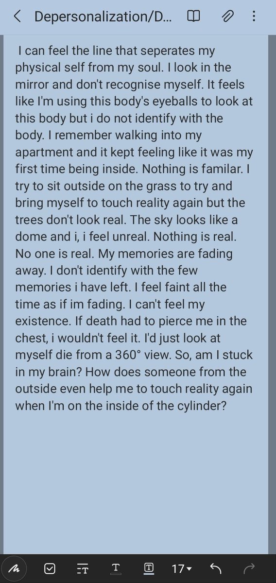 I wrote this as an attempt to explain depersonalization/derealization to someone who doesn't understand this disorder.#depersonalization
