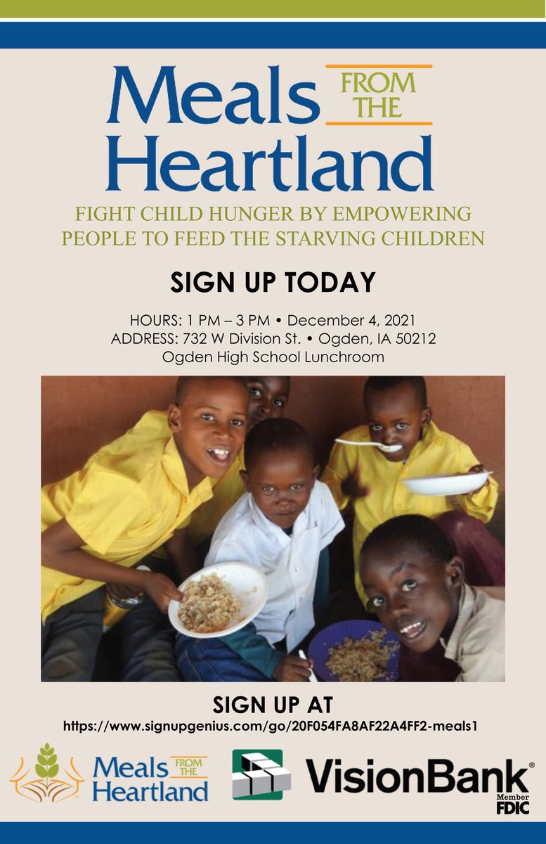 Boone County 4-H member, Bella Bryan is putting together a Meals for the Heartland Event on December 4th and is looking for volunteers!  
Please see the flyer for further information. Thank you to Vision Bank for their sponsorship of this event. 
signupgenius.com/go/20f054fa8af…