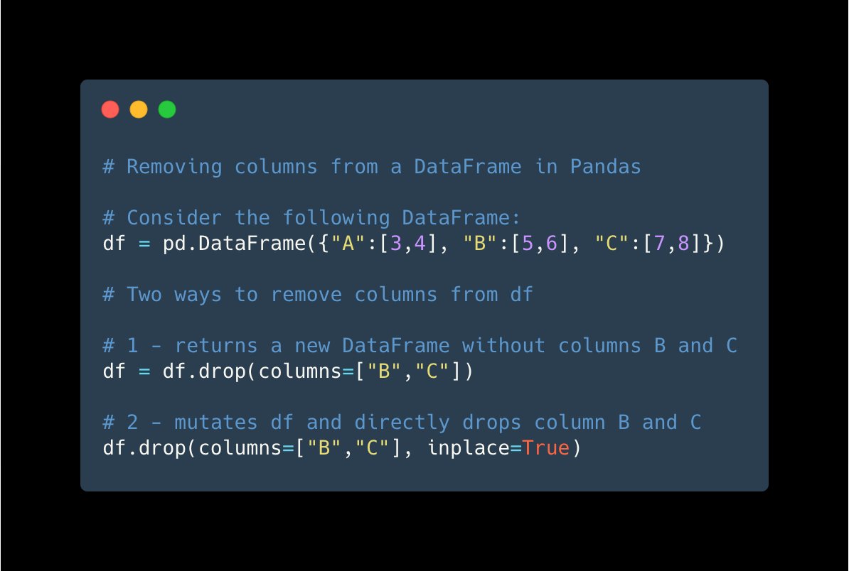 SkyTowner's tweet photo. Pandas |  Removing columns from a DataFrame
Recipe #1

Hey guys, back from a long hiatus! I'm going to be tweeting Pandas recipe frequently - let's go!

For a complete guide:
https://t.co/27EkUpYCGc

#Python #Pandas #Programming #DataScience #DataFrame https://t.co/os98OPWBtu
