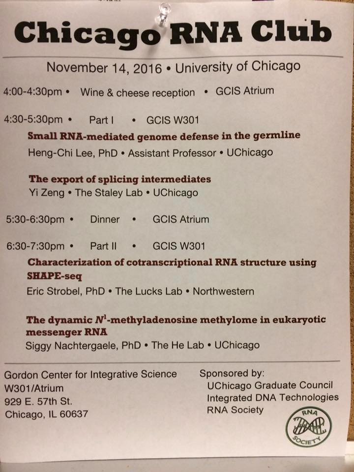 frequencies's tweet photo. The Chicago RNA Club is tonight at @UIC!

Here's a flashback from 5 years ago, when we had some awesome talks by then-post-docs/now-faculty members @NADFDGD and @SiggyN5 https://t.co/WKWGSfzuJF