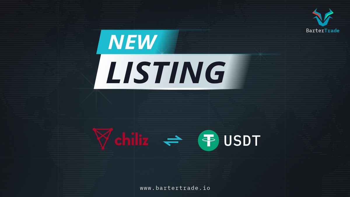 BarterTrade will list @Chiliz token under the trading pair of CHZ/USDT on November 10, 2021. Deposits: Already Open Trading starts: November 11, 2021 at 17:00 UTC Get ready to trade $CHZ with $0-fee for one week.