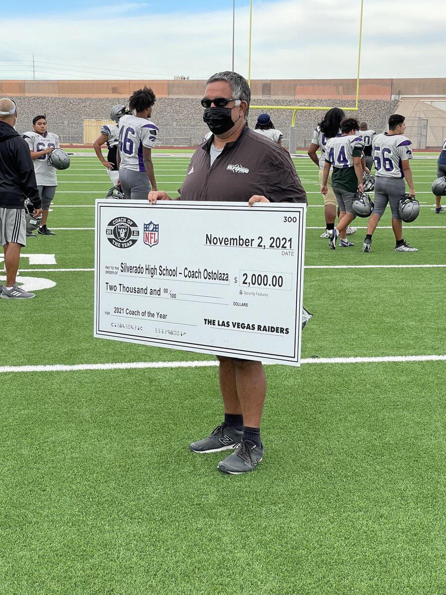 Congratulations to @SilveradoHSLV Very Own Head Coach Andy Ostolaza for Being The Award Winner of Las Vegas @Raiders “COACH OF THE YEAR” @702HSFB @nevadapreps @702HSFB @LasVegasSun @raybrewer21 @TheFranchiseLV @hometownJT @SportsWithOrts