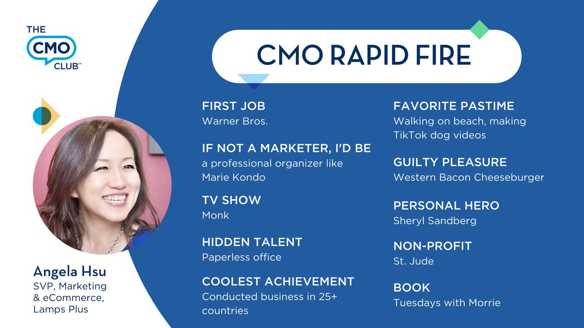 Get to know L.A. #CMOclub member @AngelaHsu, SVP, Marketing & eCommerce for Lamps Plus! 🔥🎤 #CMOrapidFire #CMO