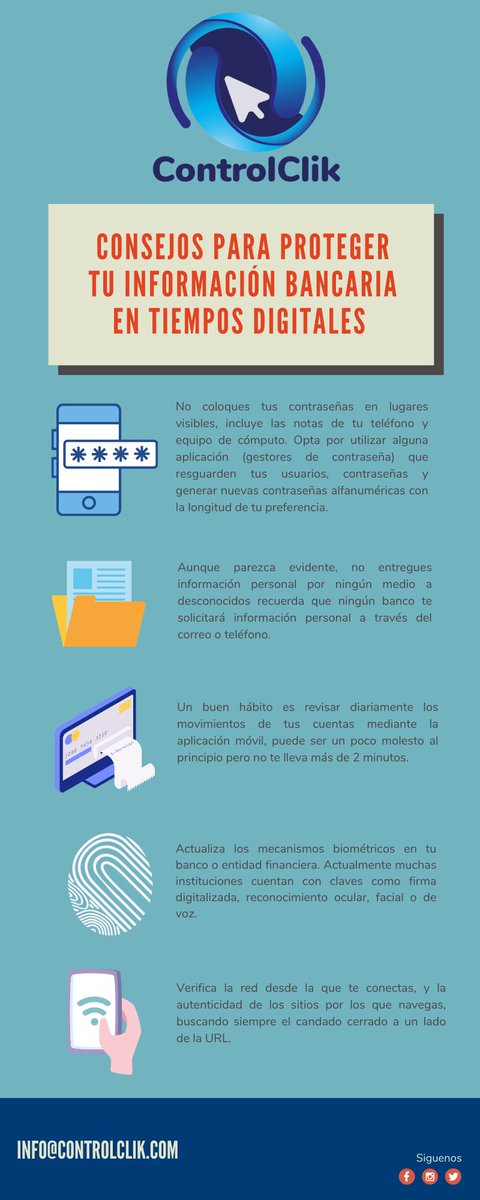 ControlClik's tweet photo. ¡Hola Amigos! 😀 compartimos con ustedes algunos consejos para proteger tu información bancaria 💲💻📱 en estos tiempos digitales #redessociales #NavegaSeguro #ciberseguridad #adolescentes #PadresDeFamilia #Ecuador #facebookpost #Twitter #instagram #Tiktok #Bancos https://t.co/46rGF0d5b6