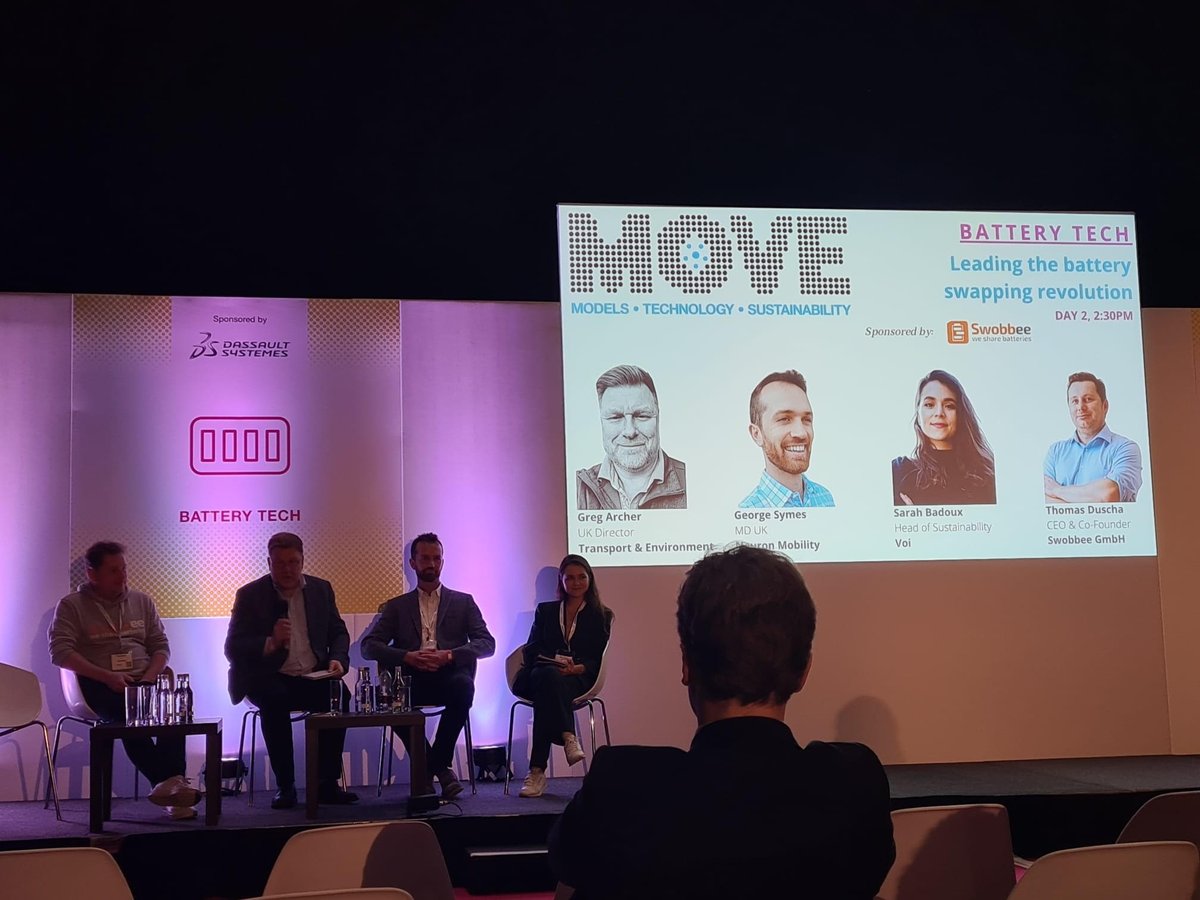 we_are_field's tweet photo. Our client George Symes from @neuron_mobility onstage now at #Move21, taking part in a panel discussion on the future of battery technology. @MOVE_Event https://t.co/HB7tJDdVc6