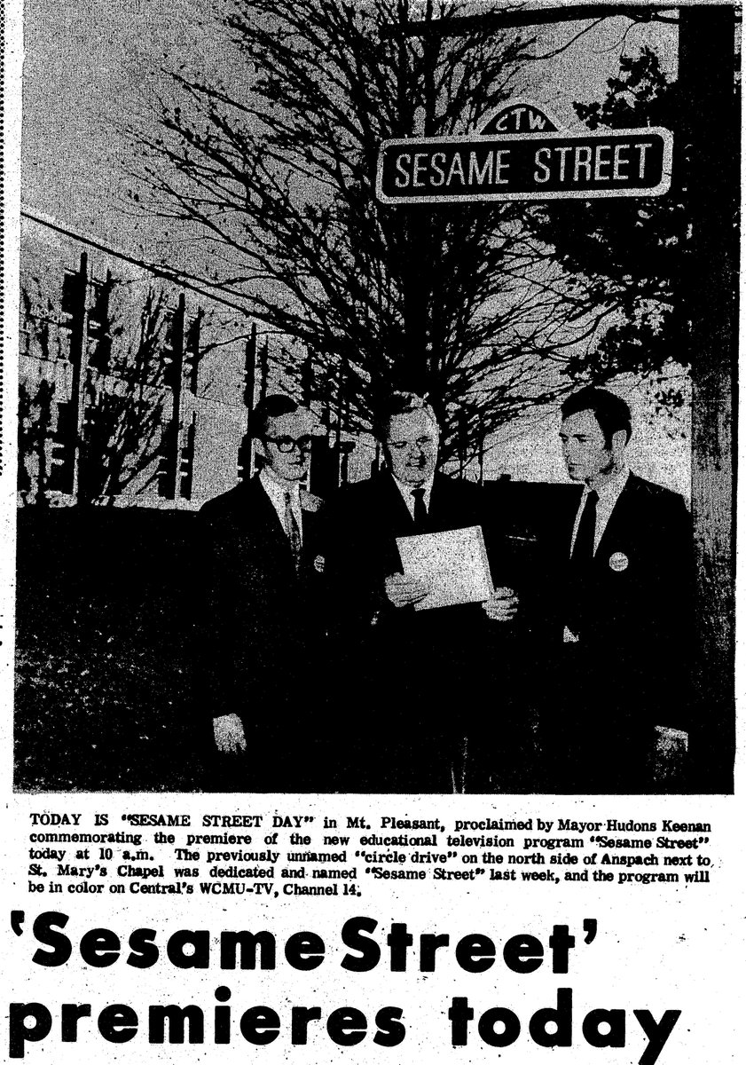 #OTD in 1969 @SesamesStreet premiers. <a href="/WCMUTV/">WCMU Public TV</a> aired the 1st episode! Mt. Pleasant Mayor &amp; <a href="/CMUniversity/">Central Michigan U.</a> Prez honored the day with a new street sign. Read more: cmuhistory.cmich.edu/?a=d&d=Isabell…

#SesameStreetDay #SesameStreet #WCMU #BigBird