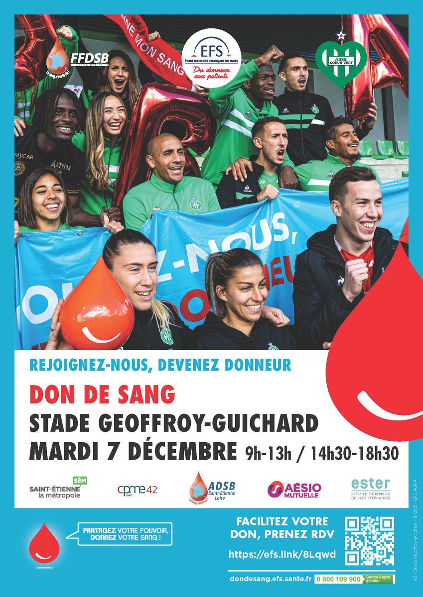 AesioMutuelle's tweet image. 📆Rdv pour la grande journée dédiée au #dondusang, au stade Geoffroy-Guichard à St-Etienne, pour promouvoir le don du sang et rendre hommage aux donneurs, qui aident chaque année des milliers de patients. Journée organisée par @EFS_dondesang, avec @ASSECoeurVert &amp;amp; @AesioMutuelle