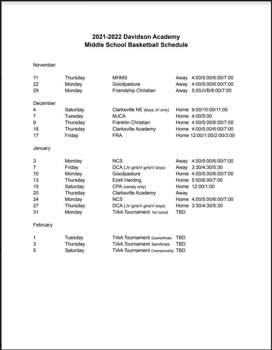 davidsonacademy's tweet photo. Middle school hoops gets started tomorrow at Merrol Hyde. Full schedule below. Mark your calendars. @DALadyBears @DABoysBB #theDAway #DAhoops https://t.co/K8XM4ACOJx