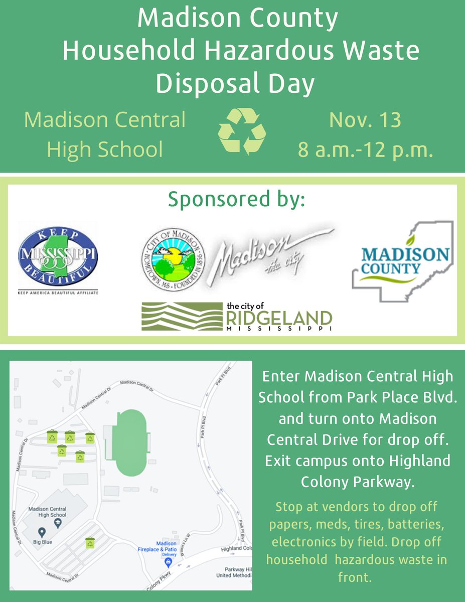 Madison County's Household Hazardous Waste Day is Saturday, November 13 at Madison Central High School! 💚♻️🌎