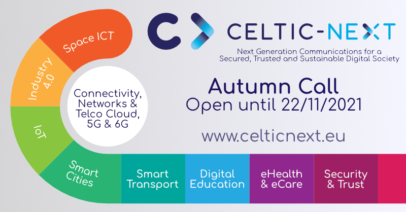 CelticNext's tweet photo. Submit you project proposal for the CELTIC-NEXT Autumn Call 2021 – the Call is closing on 22nd November.
https://t.co/IpilzbgvtO
#CelticCall #EurekaClusters #NextGenerationCommunications #ICT @EUREKA_NETWORK https://t.co/Y7Cqt2TKsa