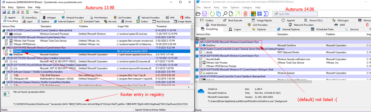 a_denkiewicz's tweet photo. So yesterday, while presenting malware case study, I've found @Sysinternals regression? The new version doesn't list important IOC for #kovter. I think all meaningful views are enabled in new version 🤷♂️ https://t.co/xc9SKEETNp