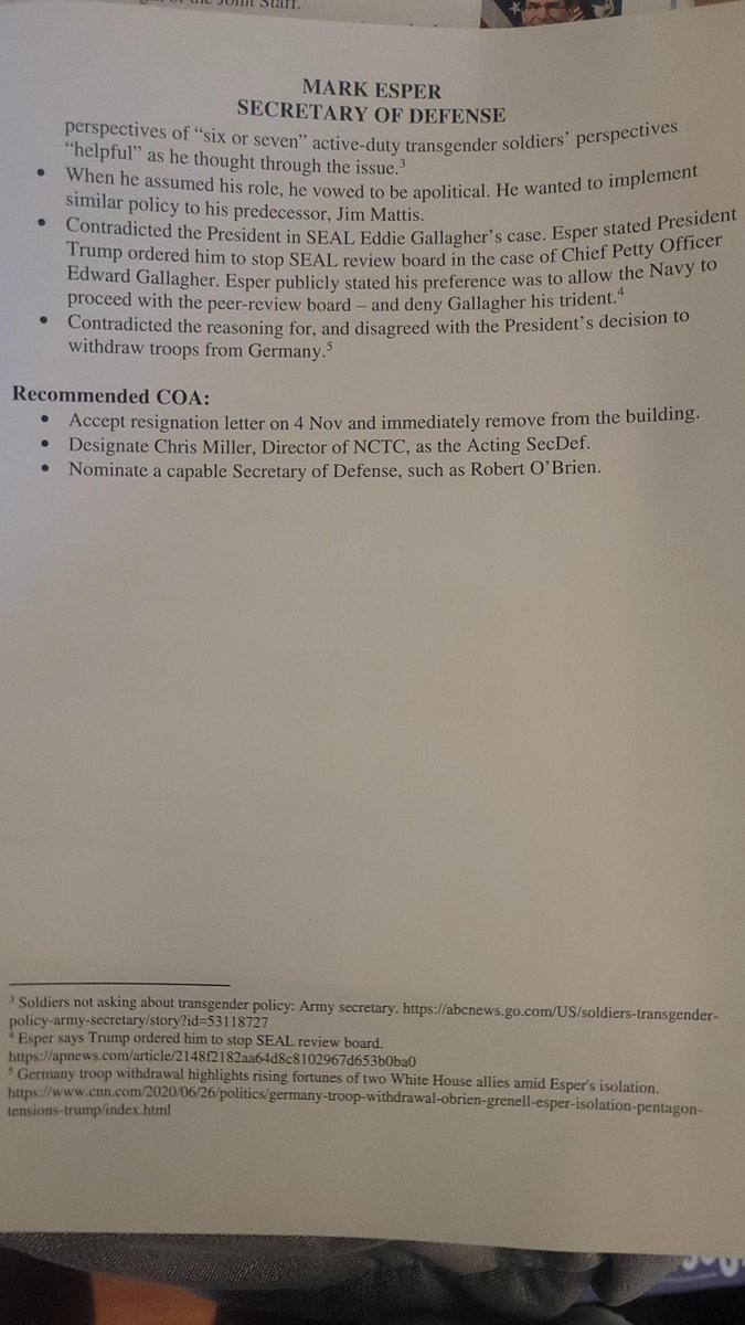 jonkarl's tweet photo. Here’s the memo, never before made public, that Johnnie McEntee's Presidential Personnel Office wrote making the case for firing Secretary of Defense Mark Esper. Written on 10/19/20, it’s a remarkable window inside the thinking of the Trump White House. #Betrayal https://t.co/BQneokFmbT
