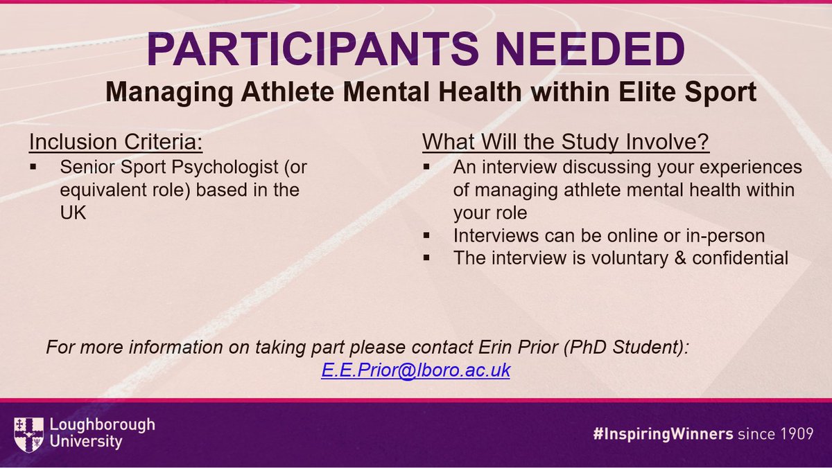 📢📢Call for Participants📢📢
Performance Directors &amp; Senior Sport Psychologists are invited to participate in an interview about their experiences of managing athlete mental health within elite sport. 

Pls RT 
#athletementalhealth #elitesport #sportpsychology #athletewellbeing