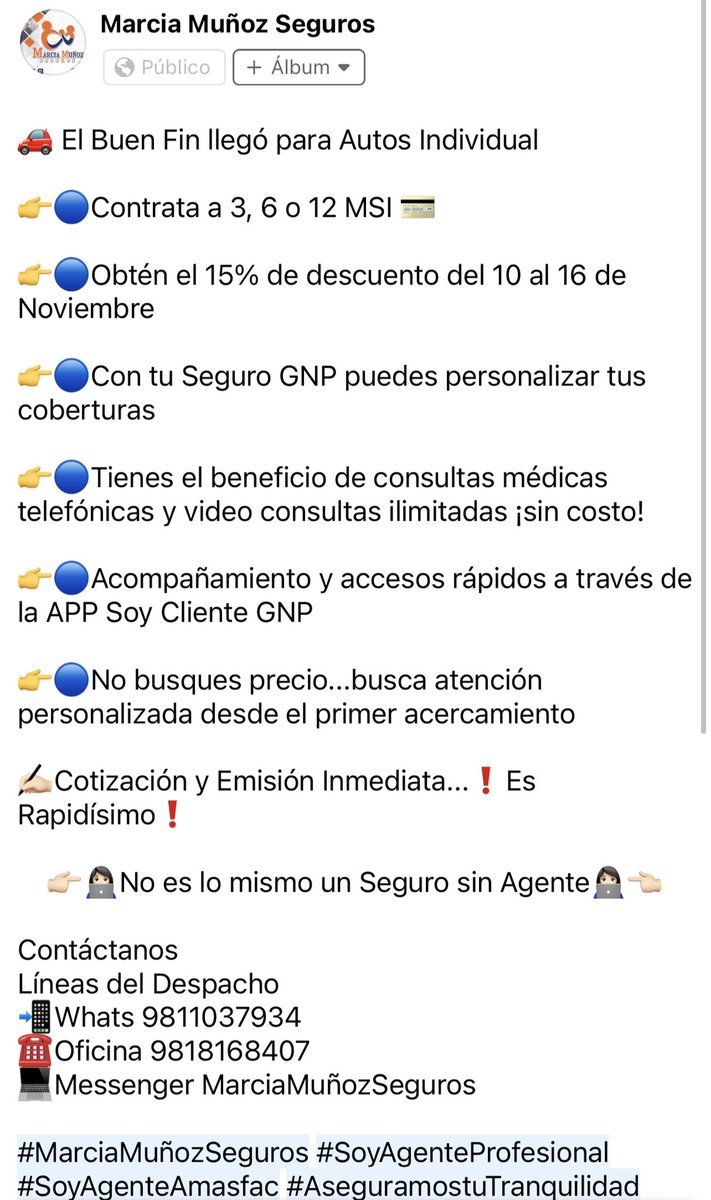 Marcia_Seguros's tweet photo. 💲📢📢CONTRATA TU SEGURO DE AUTO📢📢💲

Por BUEN FIN llegó para Auto Individual 15% de descuento del 10 al 16 de Noviembre 

💳 3, 6 y 12 MSI 💳

Marcia Muñoz Seguros
#TeAsesoro https://t.co/75g4HdT561