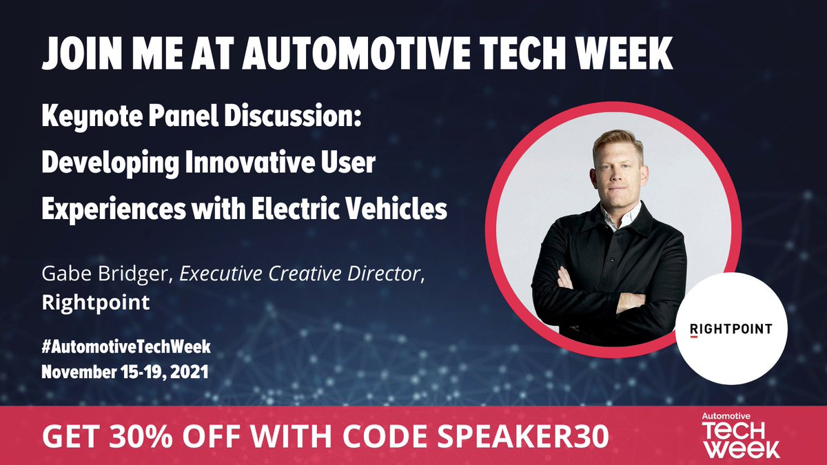 Rightpoint's tweet image. Join Rightpoint’s Executive Creative Director, Gabe Bridger, in his discussion “Developing Innovative User Experiences with Electric Vehicles” at Automotive Tech Week, November 16-17. bit.ly/30cu7wN #AutomotiveTechWeek #FOCUSEAP