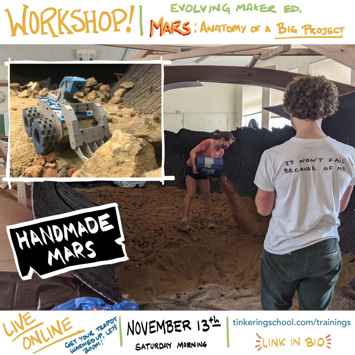 Very excited to be co-hosting a workshop on fostering intrinsic motivation, big projects, and a live tour of our Mars rover experience! Fully interactive, ask questions, drive a rover, giggle like a little kid: TinkeringSchool.com/trainings #mars #rovers #PBL