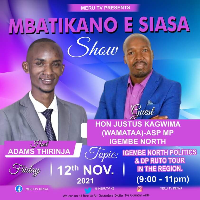 Join us on Friday on <a href="/MerutvKe/">Meru TV</a>  as we Welcome the 5th <a href="/WilliamsRuto/">William Samoei Ruto, PhD</a> on 16th Nov 2021 with @AdamsMuturiaThirinja  . Let's listen to our National Leaders and hear what they have for our people once elected.
#CHANGINGTHENARRATIVE