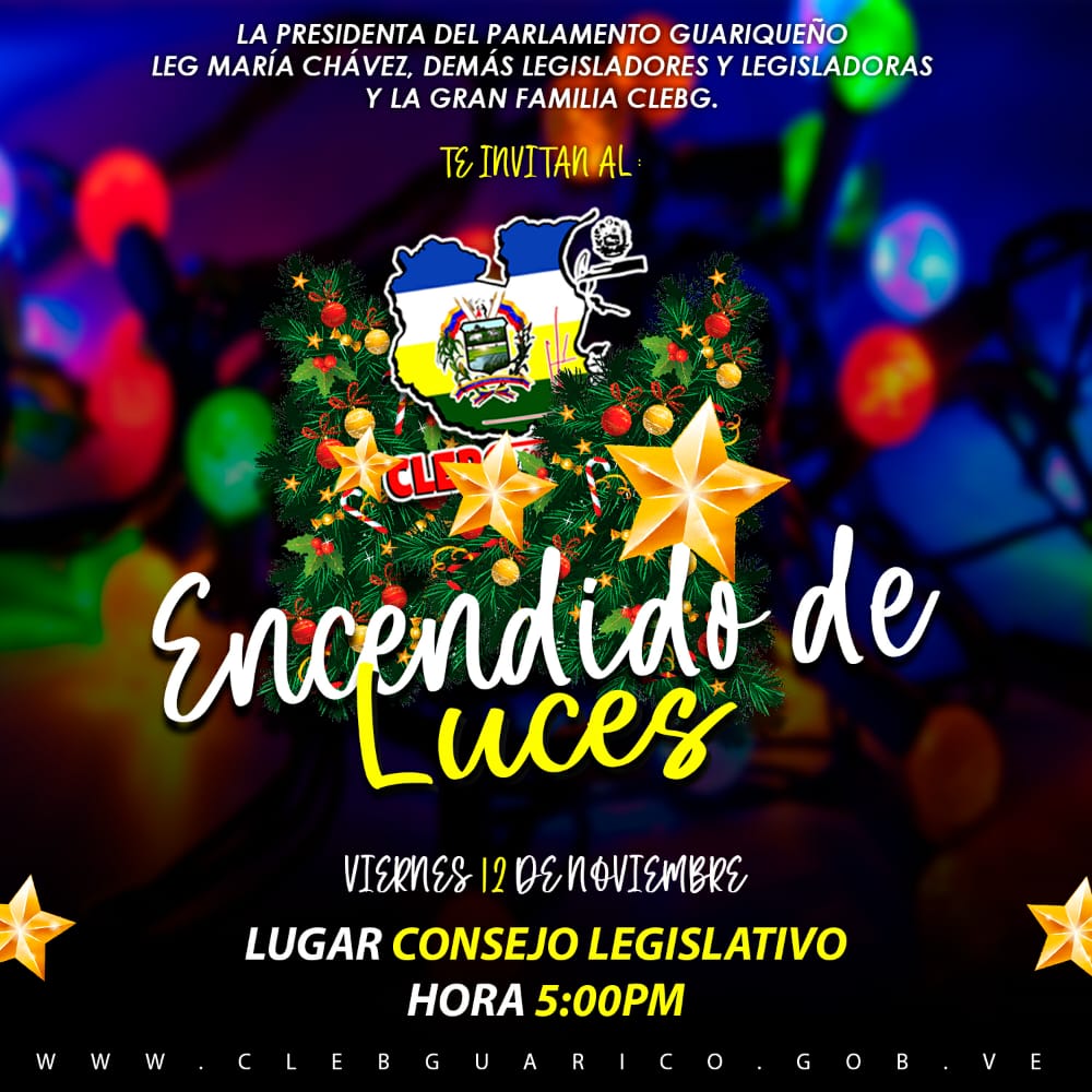 Acompañanos en nuestro Encendido de Luces. 

Este viernes 12 de noviembre en el Consejo Legislativo del Estado Bolivariano de Guárico. 

¡En Guárico llegó la Navidad! 

#SomosPuebloLegislador💛💙♥️