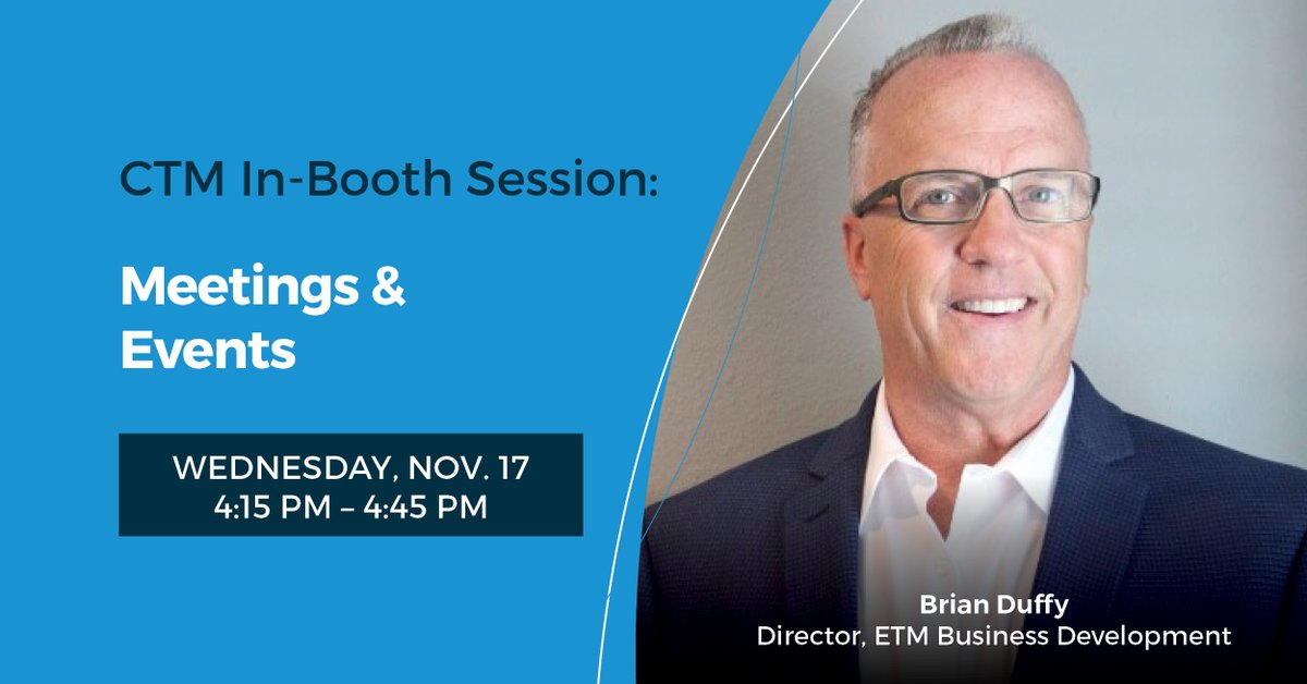 TravelETM's tweet photo. Join ETM's Brian Duffy at #GBTA2021 as part of CTM's speaker series. Brian will be discussing all things meetings and events - mark your calendar for Wednesday, November 17 at 4:15pm - 4:45pm. 

https://t.co/26vBd4NvOM https://t.co/3wb5qXN1qn