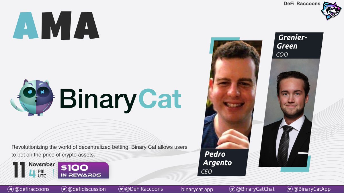 AnnieBen15's tweet photo. Join in on the #DeFi #AMA with @BinaryCatApp
Coming up on Nov 11th by 4:00 PM UTC.
https://t.co/CcjGUzZcwh
Get more information on how the decentralized #betting system on the #BinaryCatApp works and stand a chance to win $100.
#KITTY #crypto https://t.co/af6NEqQzSx