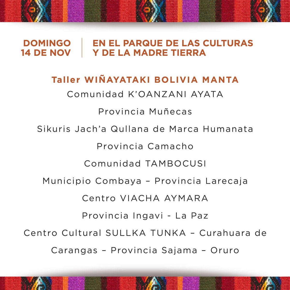 ParqueCulturas's tweet photo. Vive Nuestra Cultura en el Parque de las Culturas y de la Madre Tierra.
WIÑAYATAKI, el domingo 14 de noviembre nos acompañan Centros Culturales, Comunidades y provincias interpretando la música de nuestra tierra.
¡Te esperamos!
#ParquedelasCulturasydelaMadreTierra https://t.co/gKMa1qWheZ