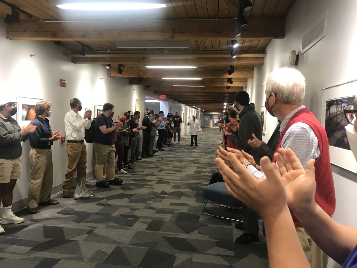 RoseHulman's tweet photo. Saluting Distinguished Teaching Career: Faculty &amp; staff colleagues honor electrical &amp; computer eng. professor Cliff Grigg after teaching his last class before retirement this fall. This is his 37th year on #rosehulman faculty. He earned the 2021 Dean's Outstanding Teacher Award. https://t.co/yI4xsnbmyO