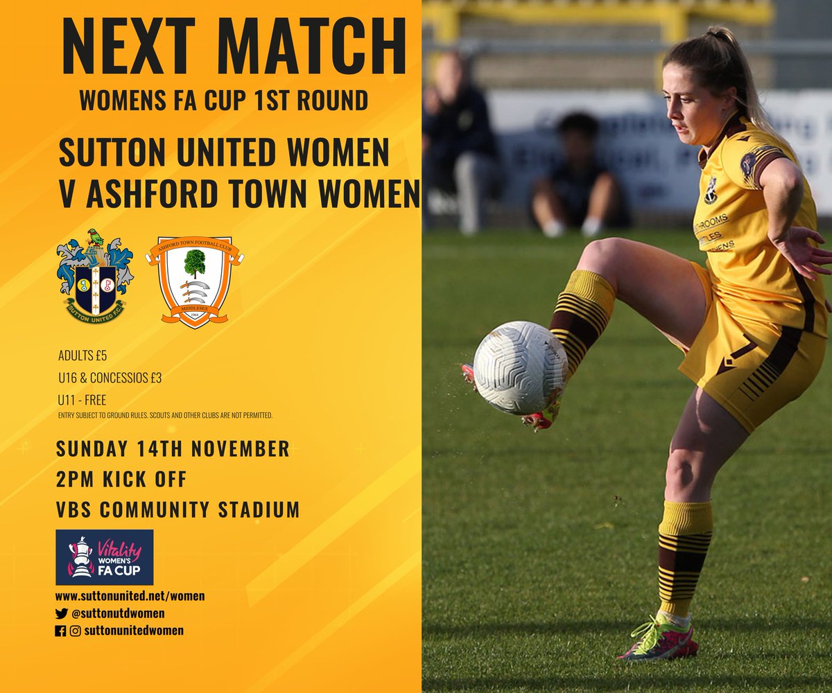 SuttonUtdWomen's tweet photo. WOMENS FA CUP 1st ROUND 

Match news for Sundays FA Cup fixture.

History made by the 1st team in getting to this round! Big challenge ahead against a very strong Ashford team.

Tickets on the door or online at - 

https://t.co/8pqFfSxX4L

 #amberforever @suttonunited https://t.co/bdHBln1yv1