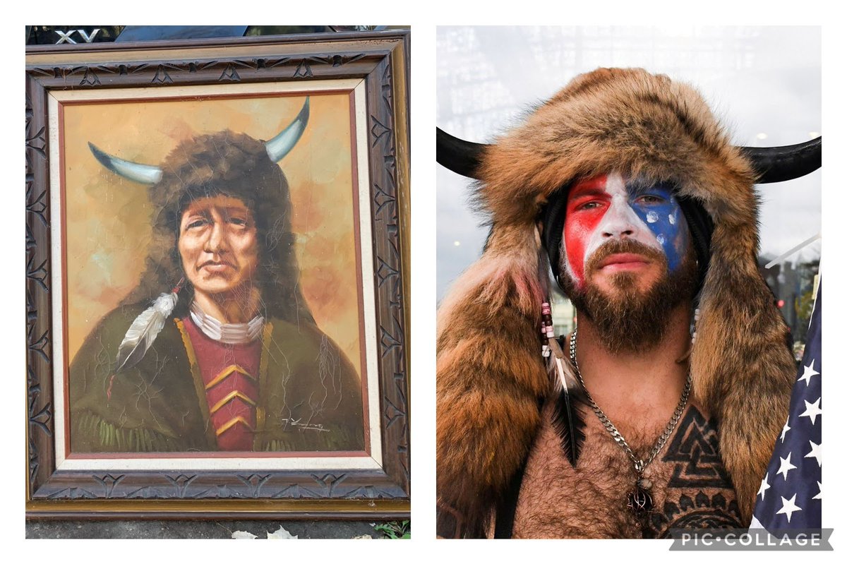 MakeItUpAsIGo's tweet photo. I recently bought a painting of #QAnonShaman, except it was made at least 30 years ago and he's at least 30 years older. https://t.co/fda41NLBo5