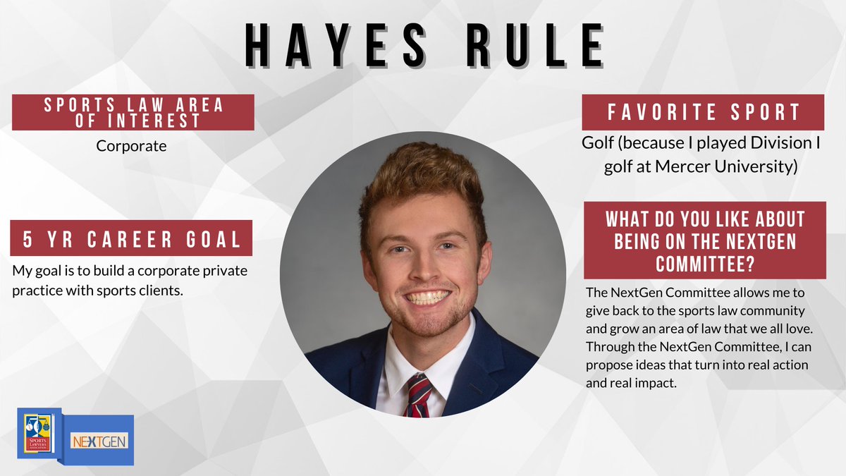 sportslawyers's tweet photo. Meet a member of the #SLANextGen Committee, @Rule0021 and learn more about his career goals and what they like most about being a part of the #SLANextGen Committee! #sportslaw #sportslawyersassociation #SLANextGen https://t.co/aBXNCqEkvn