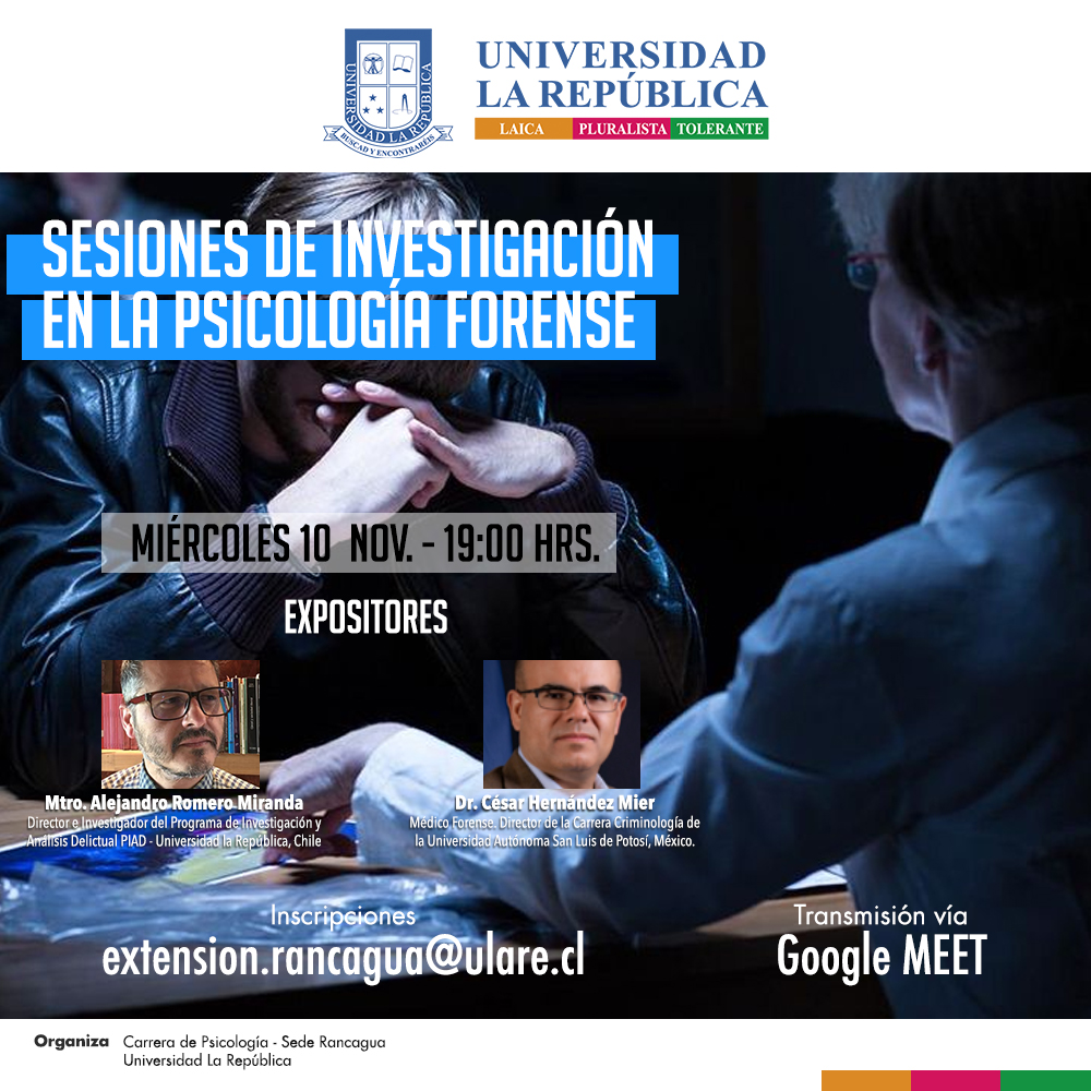 ULARERancagua's tweet photo. Sesiones de Investigación en la Psicología Forense, experiencia Chile - México
Hoy 19:00 hrs. Inscripciones al siguiente correo: extension.rancagua@ulare.cl
¡No te lo pierdas! https://t.co/2nZiSulhUu