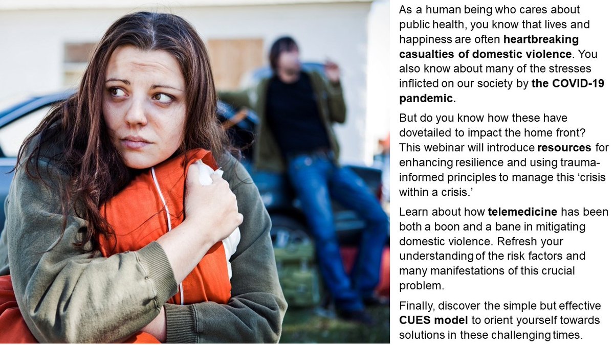 Domestic Violence during COVID

Have pandemic pressures ramped up aggression at home? Find out.

No cost webinar. CEUs available.

Thursday, November 18, 2021
10:30 a.m.–noon Eastern 

Click to register: bit.ly/DomesticViolen…

#domesticviolence #covid #thisispublichealth