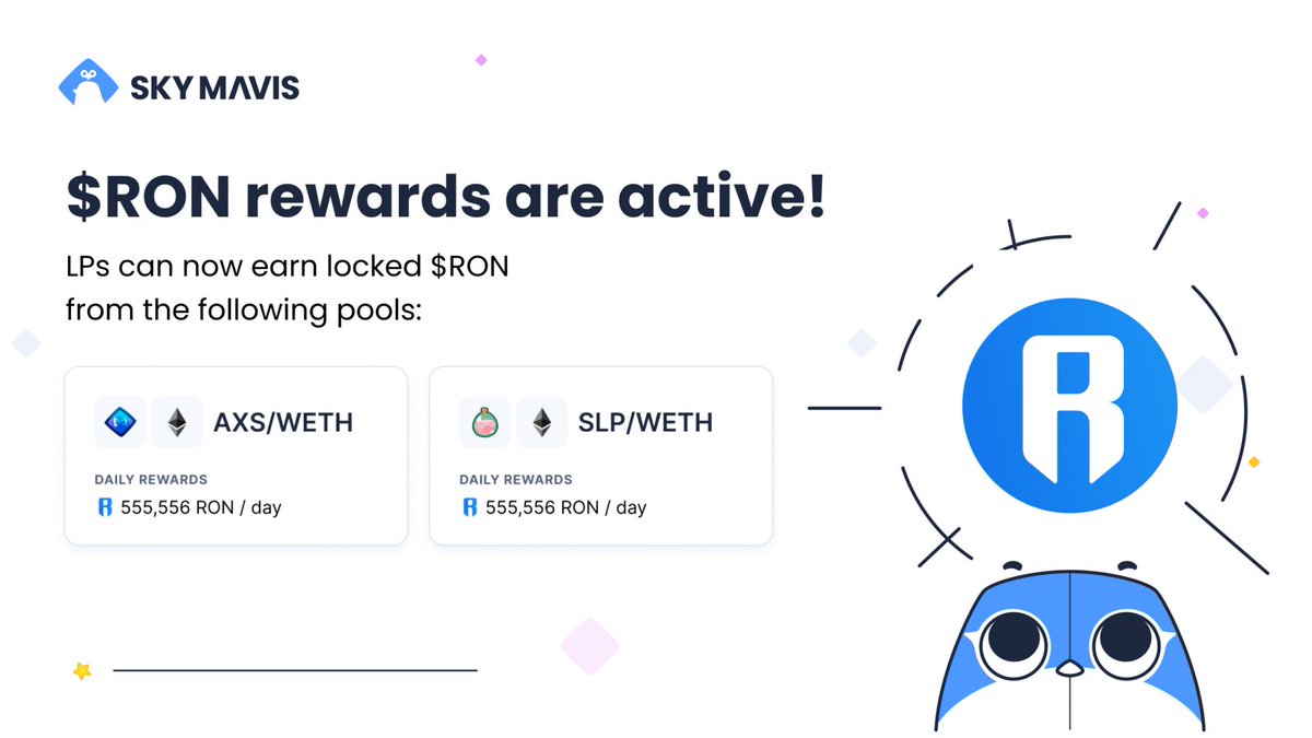 AxieInfinity's tweet photo. ✨It's time farm $RON!

$RON is the ecosystem token for the Ronin chain. It will eventually be used to pay gas fees and secure the network for both Axie Infinity and future games/products hosted on the chain.

Deposit AXS/WETH + SLP/WETH liquidity 👇
https://t.co/BMUxGqXH4U https://t.co/SkKPHIFwVM