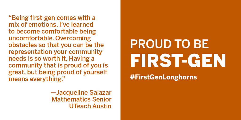 uteachinstitute's tweet photo. Mathematics senior, Jacqueline Salazar, is a #FirstGenLonghorn and #UTeach student! Here's what being first-gen @UTAustin means to her 🤘What does it mean to you? https://t.co/cStNB7kuhF