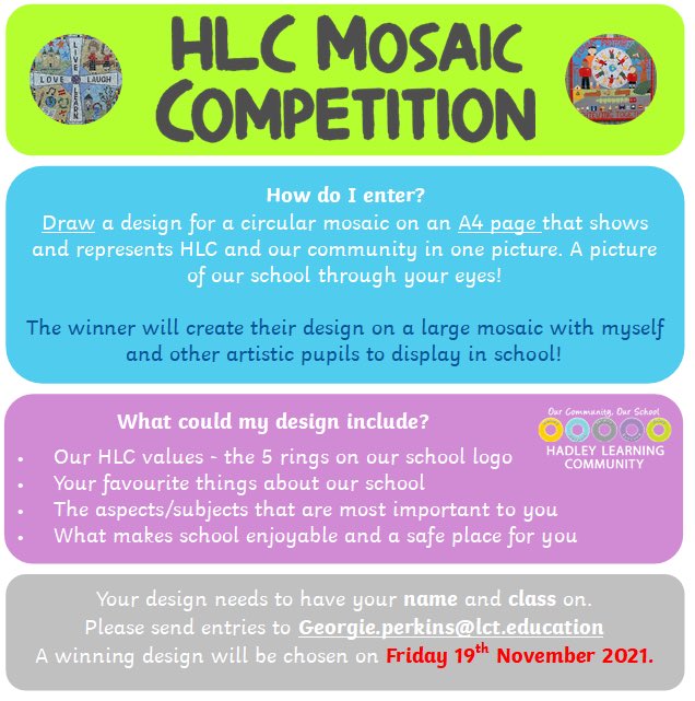 Miss Perkins (@missperkins2020) on Twitter photo There’s still time to enter our very own HLC Mosaic Competition! (Inspired by the World Mosaic Competition) Details below ⬇️ Good luck everyone!🤞🏻<a href="/HLC_Primary/">HLC_Primary</a> There’s still time to enter our very own HLC Mosaic Competition! (Inspired by the World Mosaic Competition) Details below ⬇️ Good luck everyone!🤞🏻<a href="/HLC_Primary/">HLC_Primary</a>