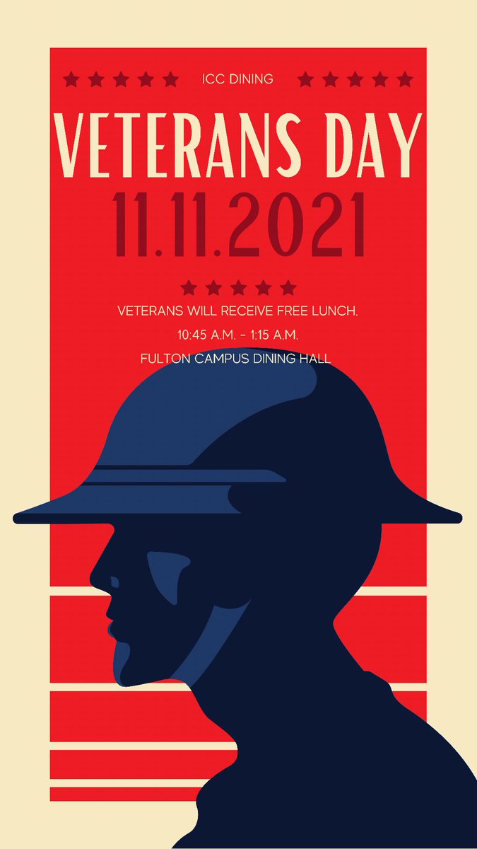 icc_dining's tweet photo. 🇺🇸 CALLING ALL VETERANS!!! 🇺🇸 

Tomorrow, in honor of Veterans Day, we would like to offer a free meal to all of our local vets. We will be offering lunch from 10:45-1:15 &amp; we would love to see you there! https://t.co/UIhtpXpfiF
