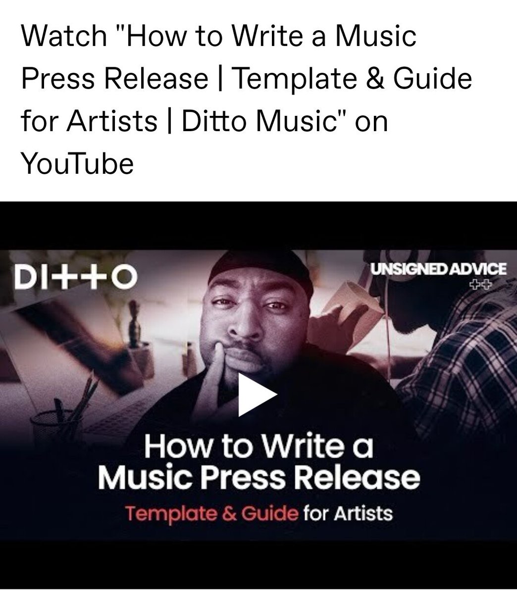 🎶🎤📽 #IndieTips2 | 'How to Write a Music Press Release | Template & Guide for Artists | Ditto Music' | #SonikaImagingTV | #YouTube youtu.be/8d1c5loVzss 👇👇👇
.
.
.
.
.
#DittoMusic #musicpressrelease #indieartisttips #pressreleasetemplate