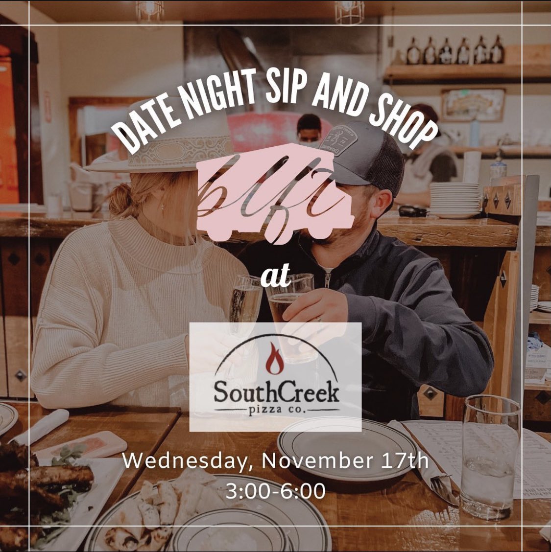 Date night but add shopping and pizza! Catch BLFT @southcreekpizzaco Wednesday 11/17 from 3:00 -6:00. Join us for a fun evening in South Reno, we can’t wait to see you!🛍🍕