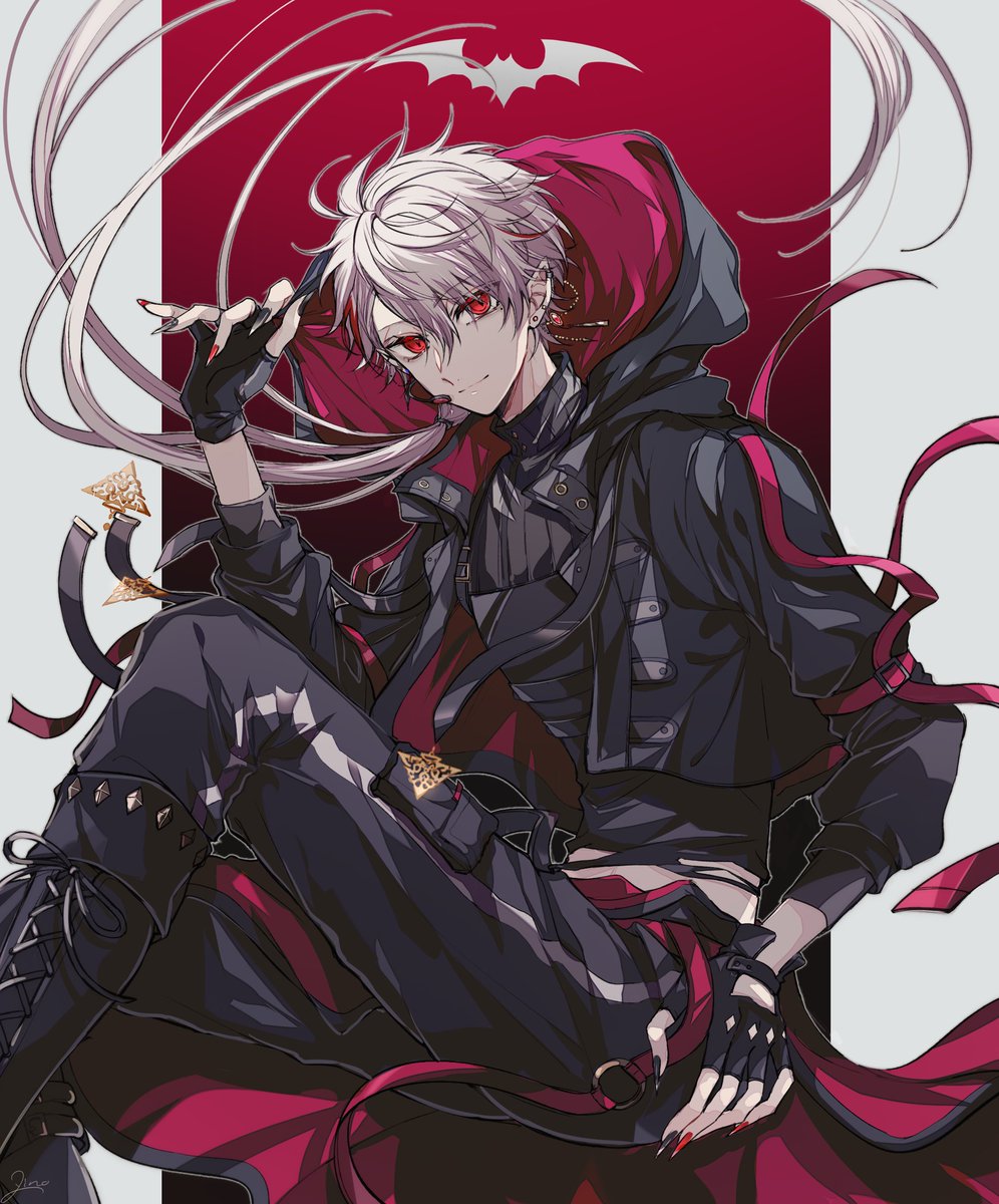 kuzuha (nijisanji) male focus 1boy red eyes gloves fingernails solo fingerless gloves  illustration images