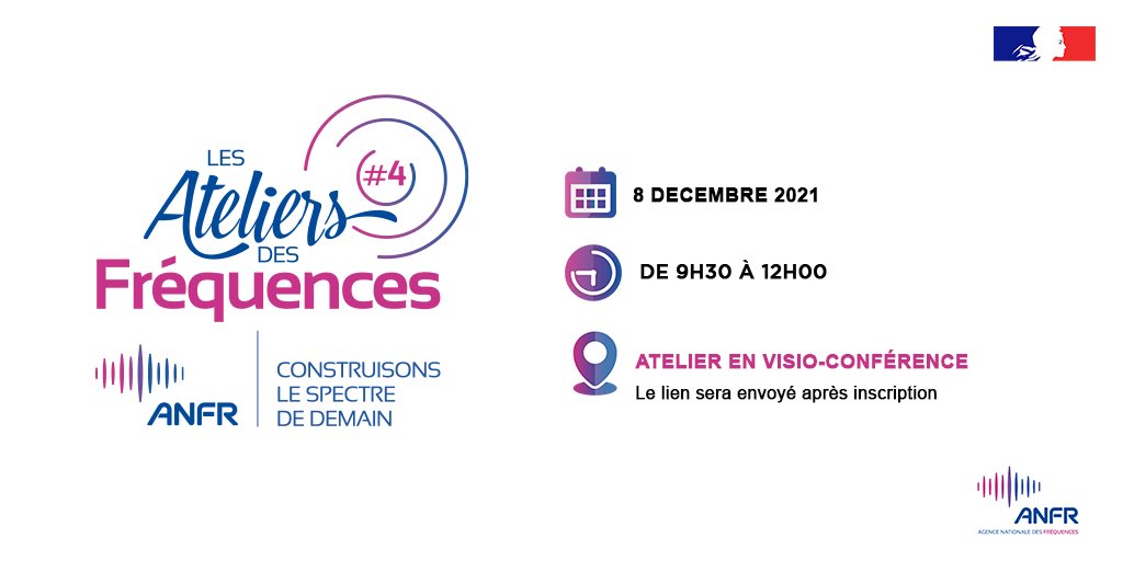 L’<a href="/anfr/">Agence nationale des fréquences</a> vous invite à son 4e atelier des #fréquences sur le partage du spectre.
Échangez avec des experts sur les solutions de partage envisagées, pour faire face aux besoins  ⬆️ en fréquences pour de nouvelles applications.
Infos et inscription : anfr.fr/les-ateliers-d…