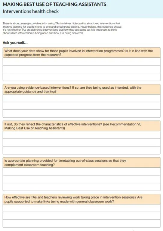 Making Best Use of Teaching Assistants: Interventions health check

"Evidence shows it’s not whether TAs are delivering interventions but how they are doing so. It is important to think about which intervention is being used and how it is being delivered"

eef.li/teaching-assis…
