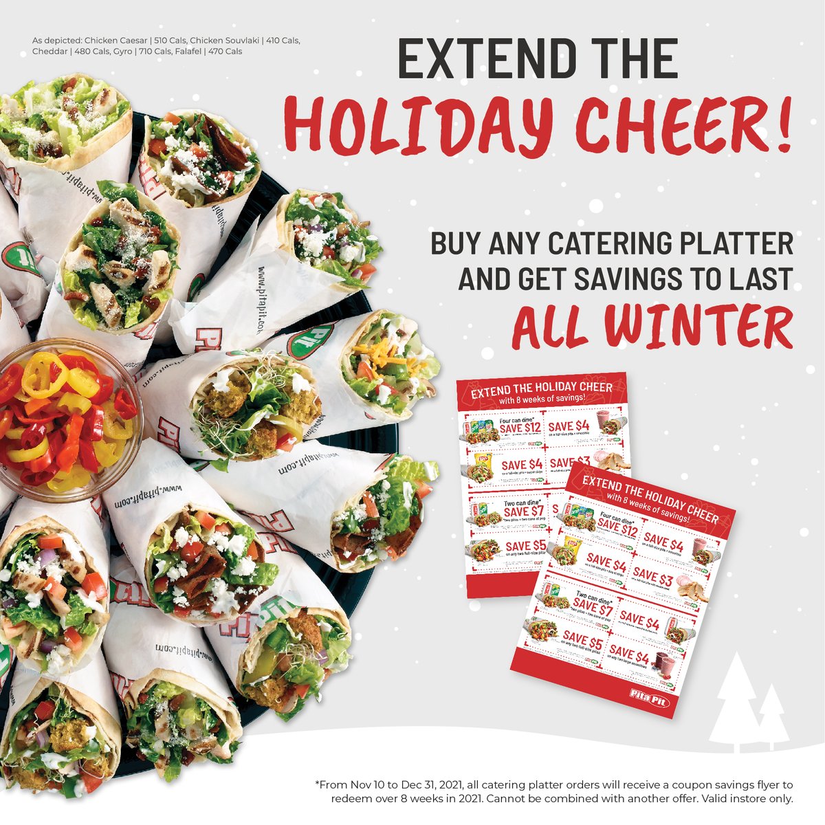 PitaPitCanada's tweet photo. ‘Tis the season for parties and pitas! 🎄 Buy any catering platter and receive a coupon savings flyer to last ALL WINTER LONG! ❄️

*Valid at Canadian locations in-store only + cannot be combined with another offer. Promotion available from November 10th - December 31st. https://t.co/p2u3xJE3Nx