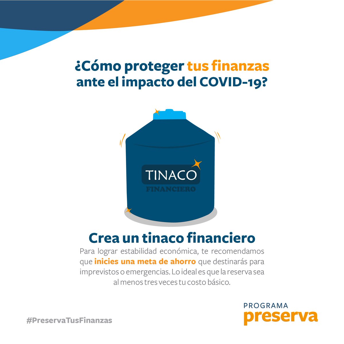 BanreservasRD's tweet photo. La mejor manera de afrontar cualquier emergencia es teniendo un #TinacoFinanciero. Si aún no has hecho el tuyo, te exhortamos a iniciarlo, con el monto que puedas y que progresivamente te vayas trazando metas realistas y más elevadas. #PreservaTusFinanzas #ProgramaPreserva https://t.co/bv1nNeyffj