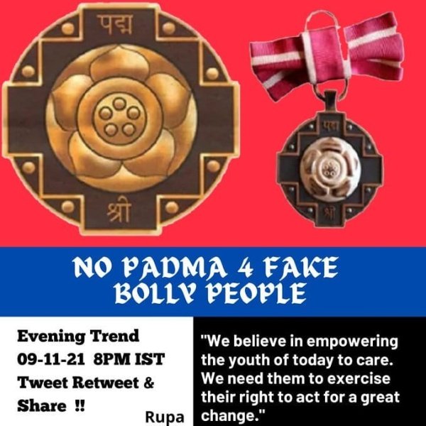 SsimplySsrian's tweet photo. They yet again used our Sush's name to get fame through their Pavitra Rishta serial and bagged the Padma Award. We all need to raise our voice against this another unjust behavior of Bollywood. 
NO PADMA 4 FAKE BOLLY PEOPLE https://t.co/gnKYwinweH