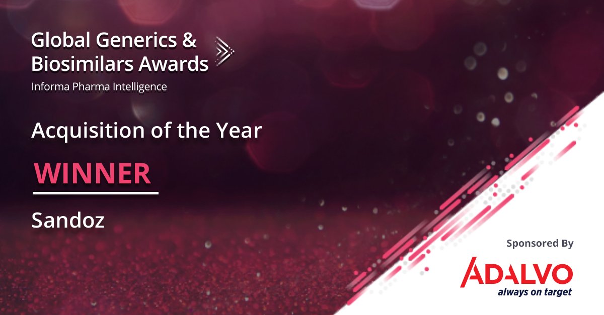 GGB_Awards's tweet photo. And the winner is Sandoz for the Acquisition of the Year award, sponsored by Adalvo, for their second win of the night! #GGBAwards https://t.co/ISbfQ0QvRS