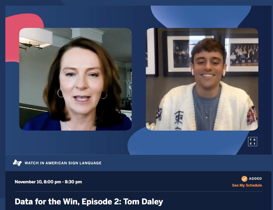 sarahlovesdata's tweet photo. So great to see @jackieyeaney chatting data with @TomDaley1994 at #data21! It's easy to forget that athletes use data to improve their performance too! 

Also, appreciate the #TeamGB love! 🇬🇧♥️ https://t.co/B7vlNQZndV