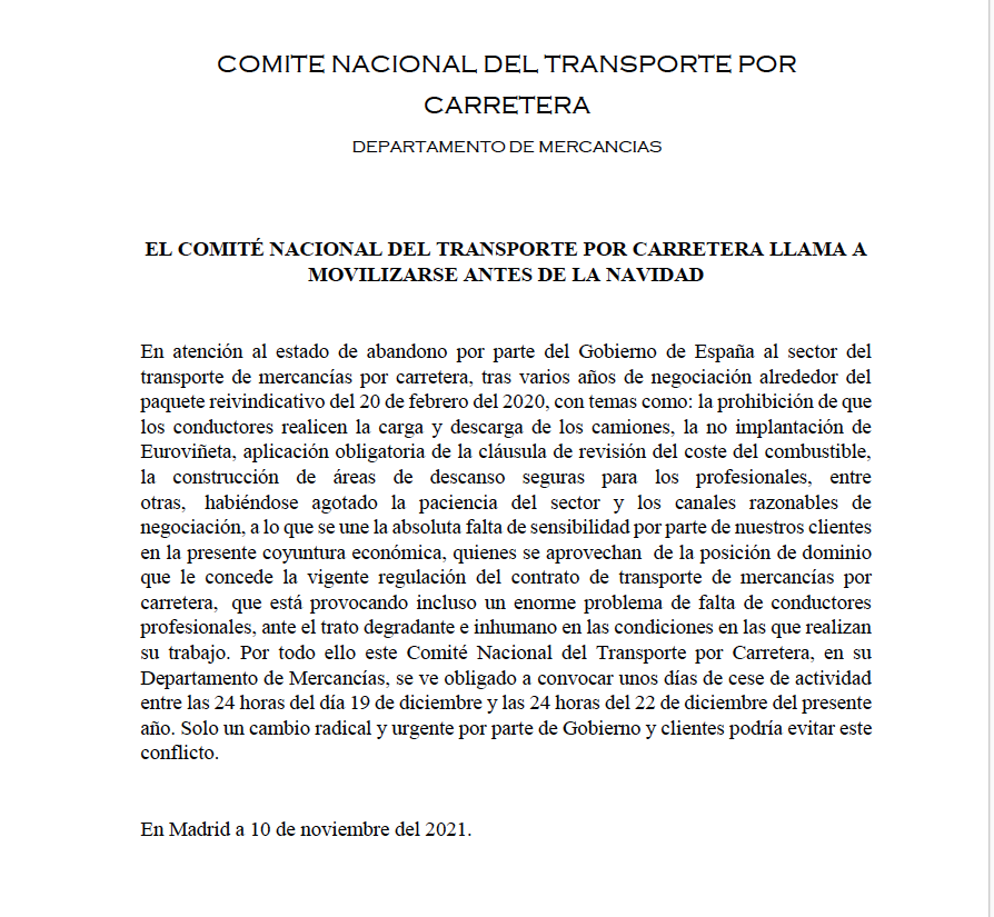 EL COMITÉ NACIONAL DEL #TRANSPORTE POR CARRETERA LLAMA A MOVILIZARSE ANTES DE LA NAVIDAD