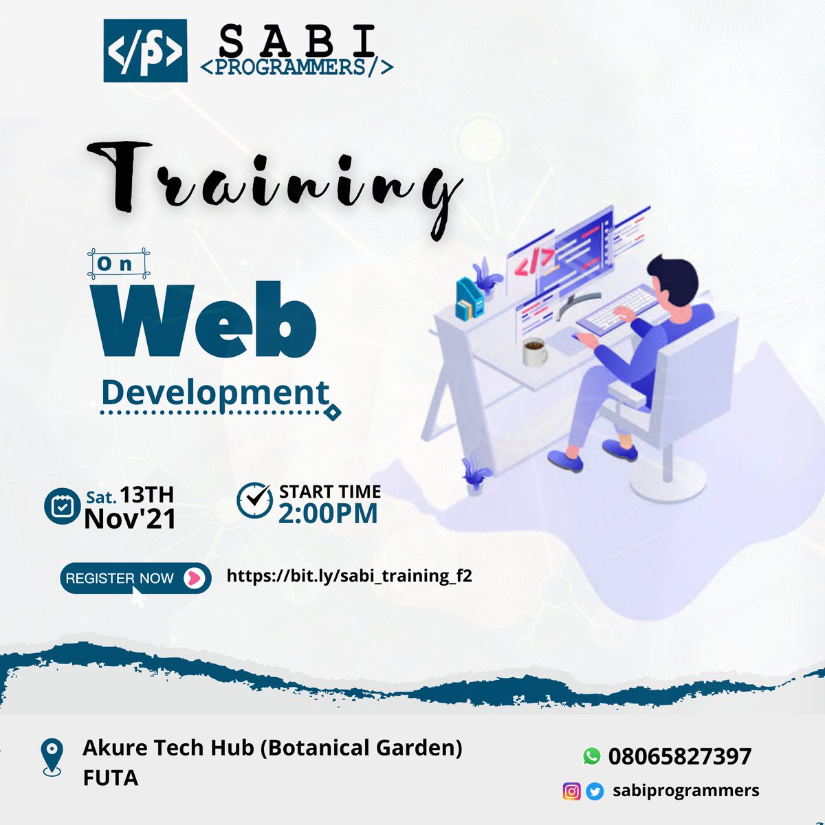 SabiProgrammers's tweet photo. Happening this Saturday, don't miss out. Check the flyer for details.

Venue: @AkureTechHub FUTA. 

@AkureHowFar @Proud_futarian @TheAkurePlug @AKURECITY @futablog
#sabiprogrammers #AkureTechCommunity #AkureHowFar #TheAkurePlug https://t.co/rwAQDWEJZn