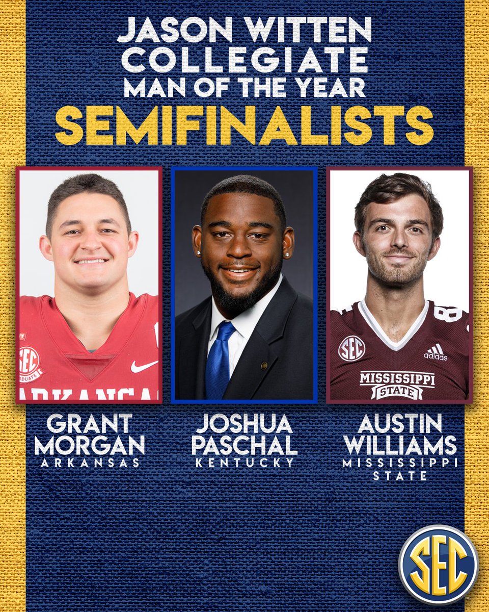 SEC's tweet photo. Three #SECFB athletes named @WittenCMOY semifinalists:

• @grantmorgan15 | @RazorbackFB 
• @JPaschalx | @UKFootball 
• @auss_10_ | @HailStateFB 

🏈 » https://t.co/lpIqm2gh5z https://t.co/pJLJv9gq6e