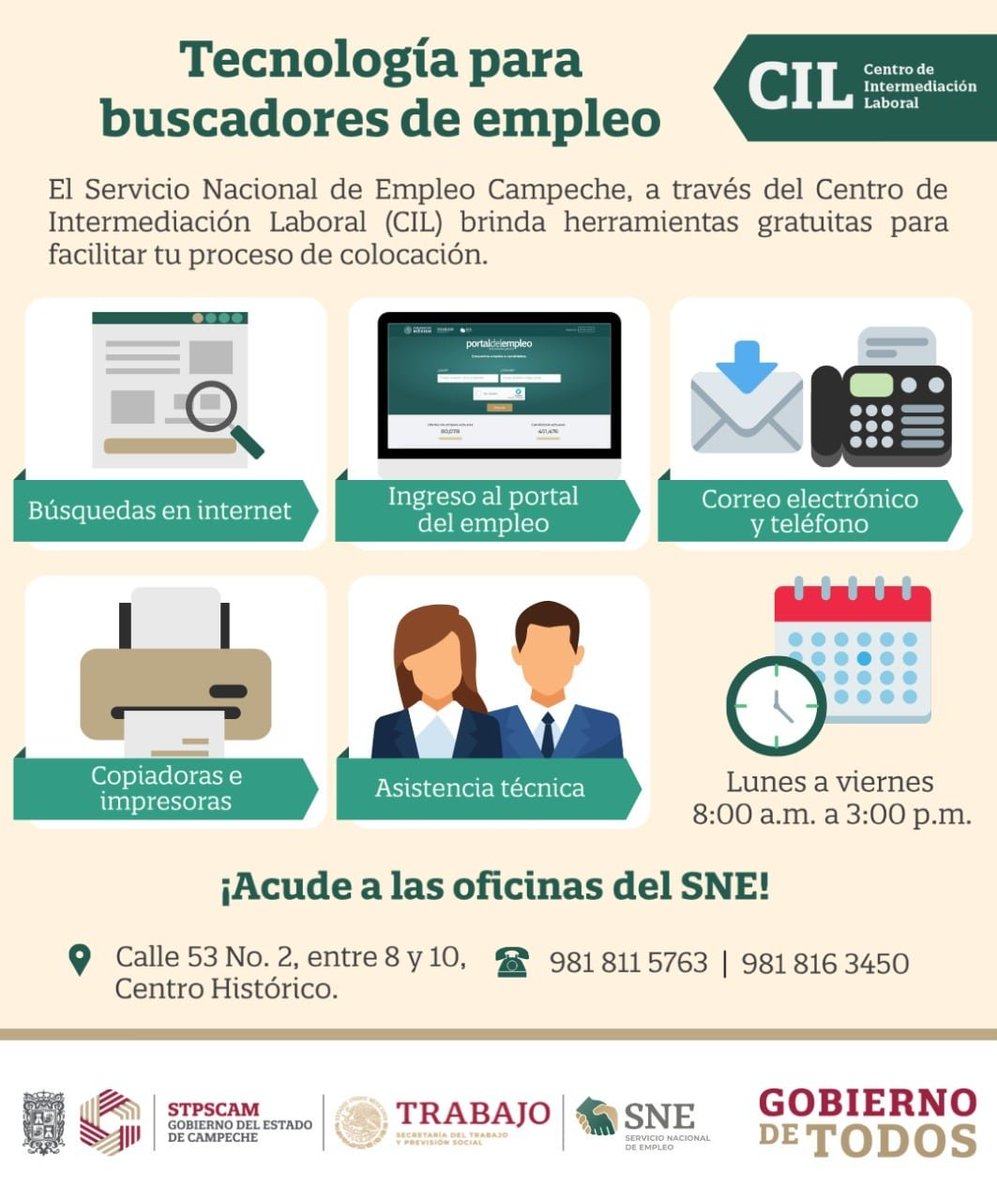stpscam's tweet photo. Atención buscadores de empleo‼️
📍Ya pueden acudir al 𝐂𝐞𝐧𝐭𝐫𝐨 𝐝𝐞 𝐈𝐧𝐭𝐞𝐫𝐦𝐞𝐝𝐢𝐚𝐜𝐢ó𝐧 𝐋𝐚𝐛𝐨𝐫𝐚𝐥 (𝐂𝐈𝐋) del Servicio Nacional de Empleo Campeche, que te ayuda en la autogestión de búsqueda de empleo. 🕵️♂️💼
El servicio es gratuito.
#STPSCAM
#GobiernoDeTodos https://t.co/iR4RBb6ybM